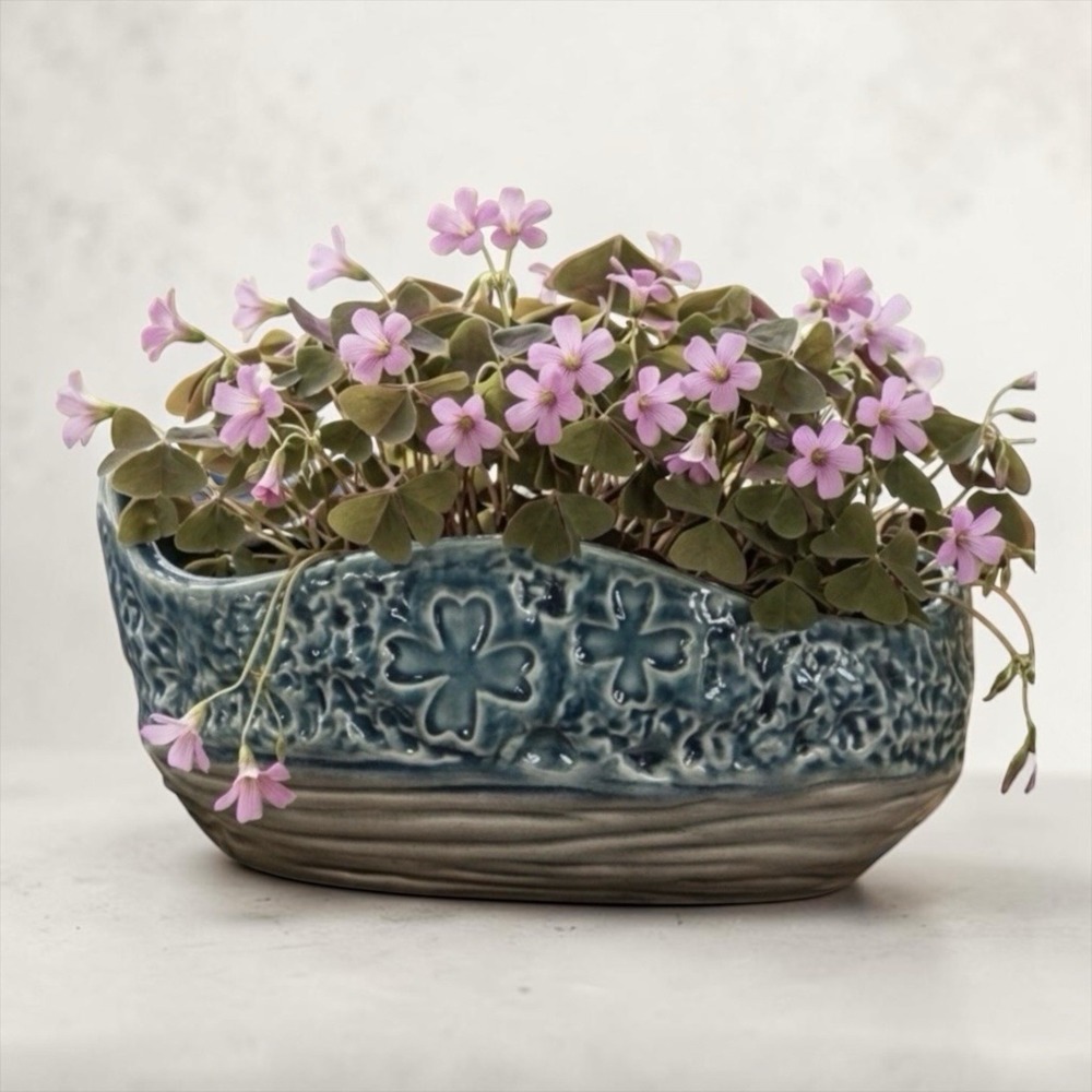 Vintage Ceramic Planter Blue & Gray Embossed Floral Clover Abstract Oval Glazed